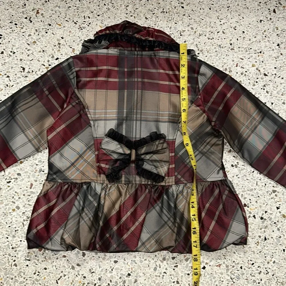 Burberry plaid jacket ruffle burgundy grey small s